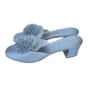 1950’s Daniel Green Silver Heel Slippers Sz 6.5B Crimson Boudoir Rosette Pinup